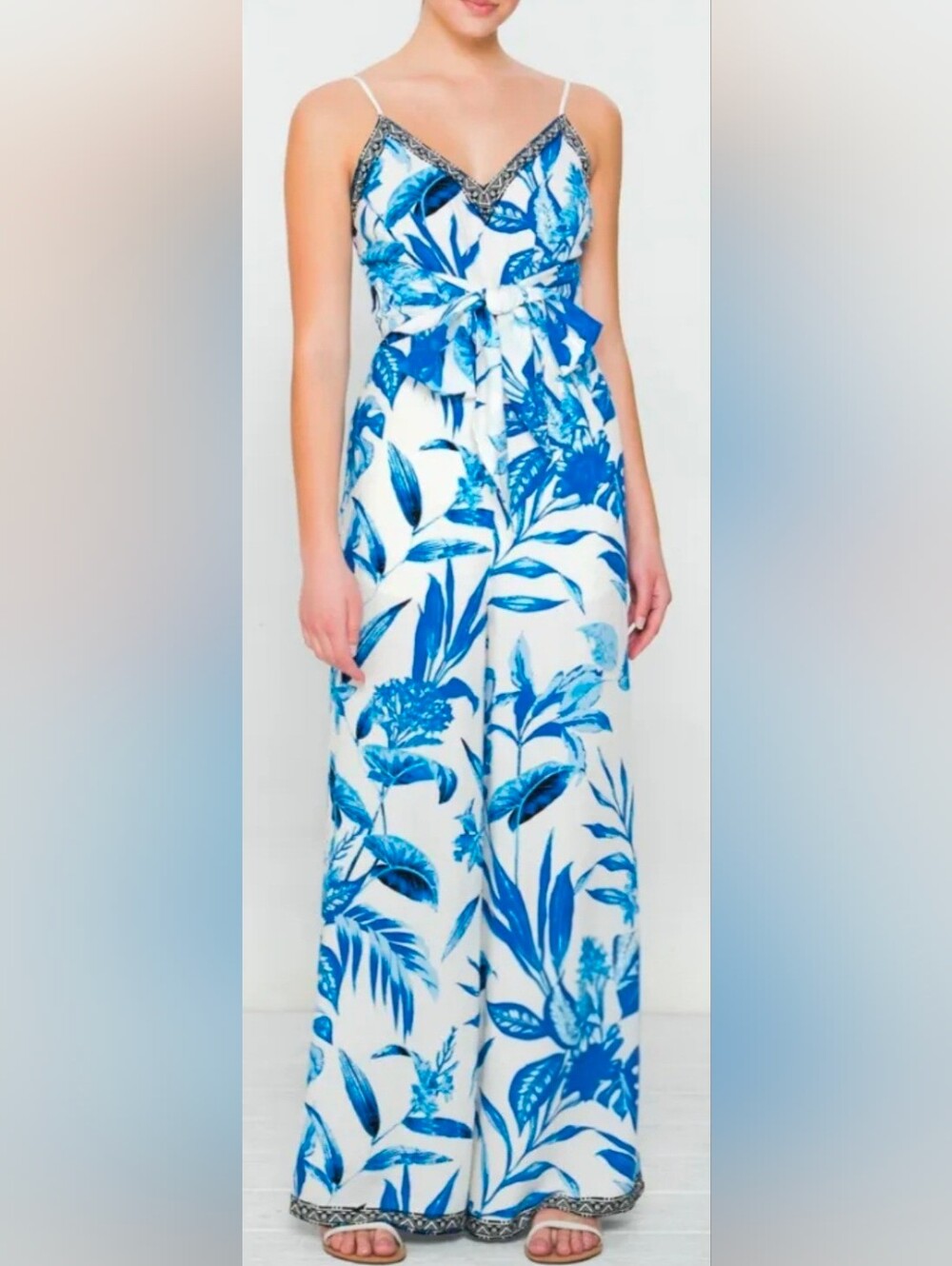 Free Market By Flying Tomato Blue & White Floral Wide-Leg Jumpsuit. Size Medium.